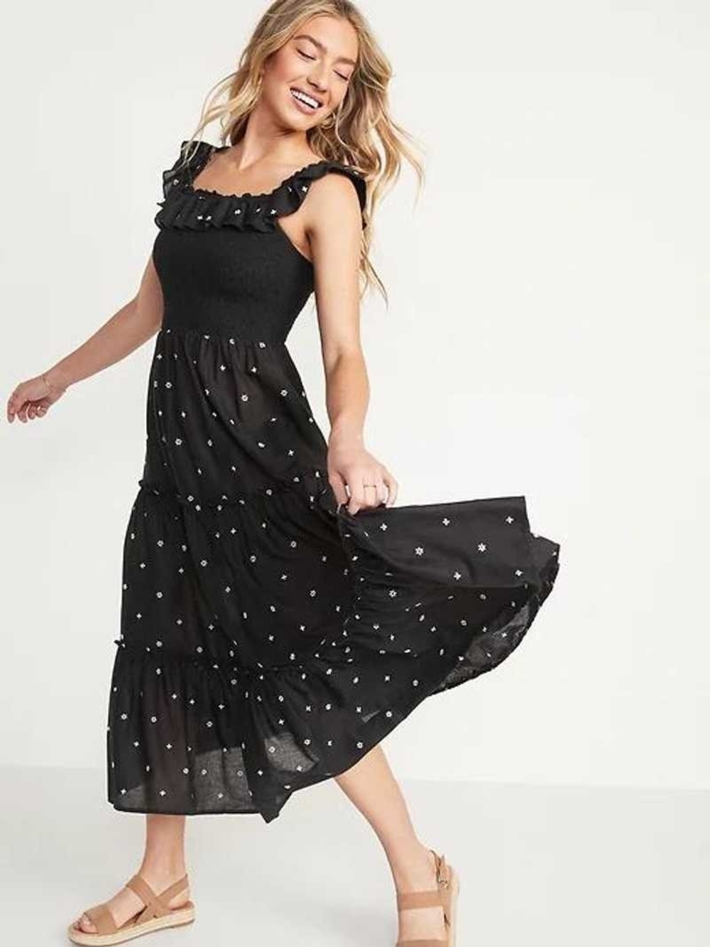 Old Navy Black Midi Dress with White Flowers Accents